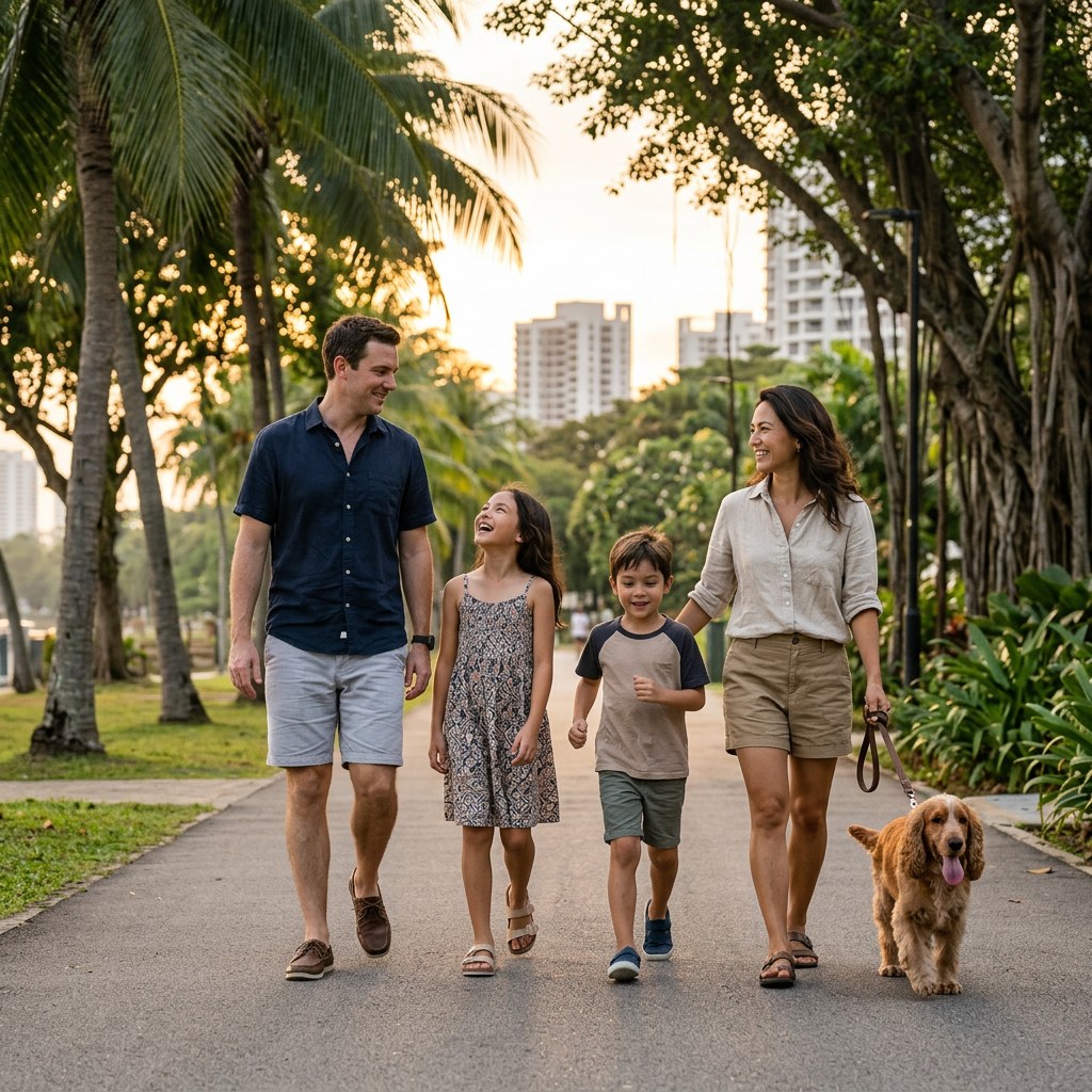 Patricia and her family walking the family cocker spaniel through a Singapore park